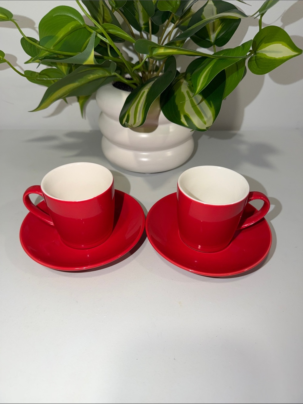 BIA Red White Espresso Cups and Saucers x 2
